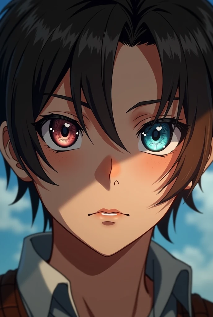 Generate a picture of a 15 years old handsome boy. With wolfcut brown hair, mismatch siren eyes. The right eye was ocean blue color and the left eye was cherry red color.he has light olive skin tone with freckles on his upper cheeks and elegant nose. And use hanji zoe from attack on titan as reference