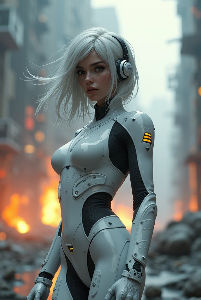 ((best quality)), ((masterpiece)), ((realistic)), (detailed), (photorealistic:1.5), a futuristic girl, (thick body), (white bodysuit), lights on armor, cybernetic headwear, looking at viewer, wearing miniksirt, flowing in the wind, dynamic pose, post apocalyptic, destroyed city background, buildings on fire, science fiction, hdr, ray tracing, nvidia rtx, super-resolution, unreal 5, subsurface scattering, pbr texturing, post-processing, anisotropic filtering, depth of field, maximum clarity and sharpness, rule of thirds, 8k raw, (luminescent particles:1.4), (extremely detailed cg, unity 8k wallpaper, 3d, cinematic lighting, lens flare), reflections, sharp focus, cyberpunk art, cyberpunk architecture,cha