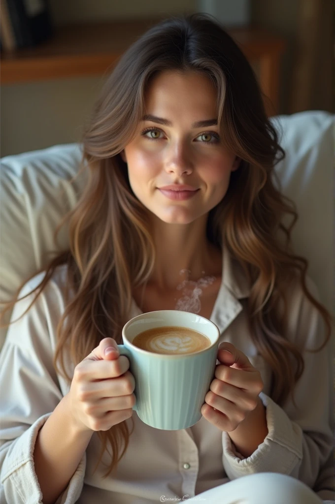 A beautiful woman in her early 20s with long hair and a sleepy expression in pajamas、is holding a coffee cup and drinking a latte、Selfie