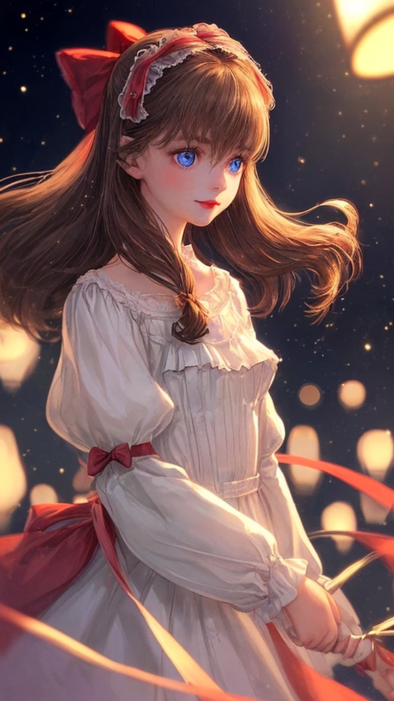 (Very delicate and beautiful: 1.2), 1 girl, smooth, blue eyes, blur, blur background, bow, brown hair, shut your mouth, side view, hair between the eyes, hair bow, lamp, light particles, long sleeve, look at the audience, medium hair, nighttime, red bow, alone, star(mark), upper body, smile, red lips