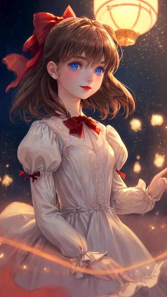 (Very delicate and beautiful: 1.2), 1 girl, smooth, blue eyes, blur, blur background, bow, brown hair, shut your mouth, side view, hair between the eyes, hair bow, lamp, light particles, long sleeve, look at the audience, medium hair, nighttime, red bow, alone, star(mark), upper body, smile, red lips