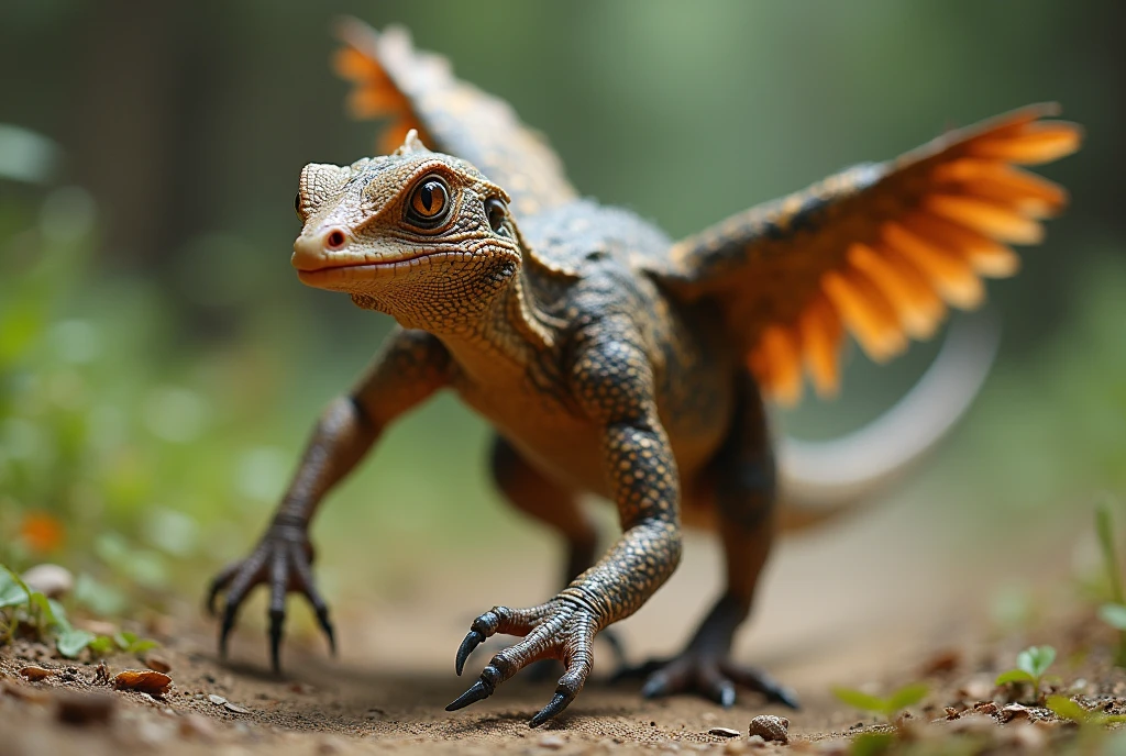 a lizard-like creature with bird features, a nightmarish amalgamation of cobra, chicken, and komodo dragon, running full-tilt to the right of the camera. The wings have small claws on them to let it crawl on all fours. The lizard-like muzzle has a chicken-like beak on the end of it. Its eyes are predatorial and menacing