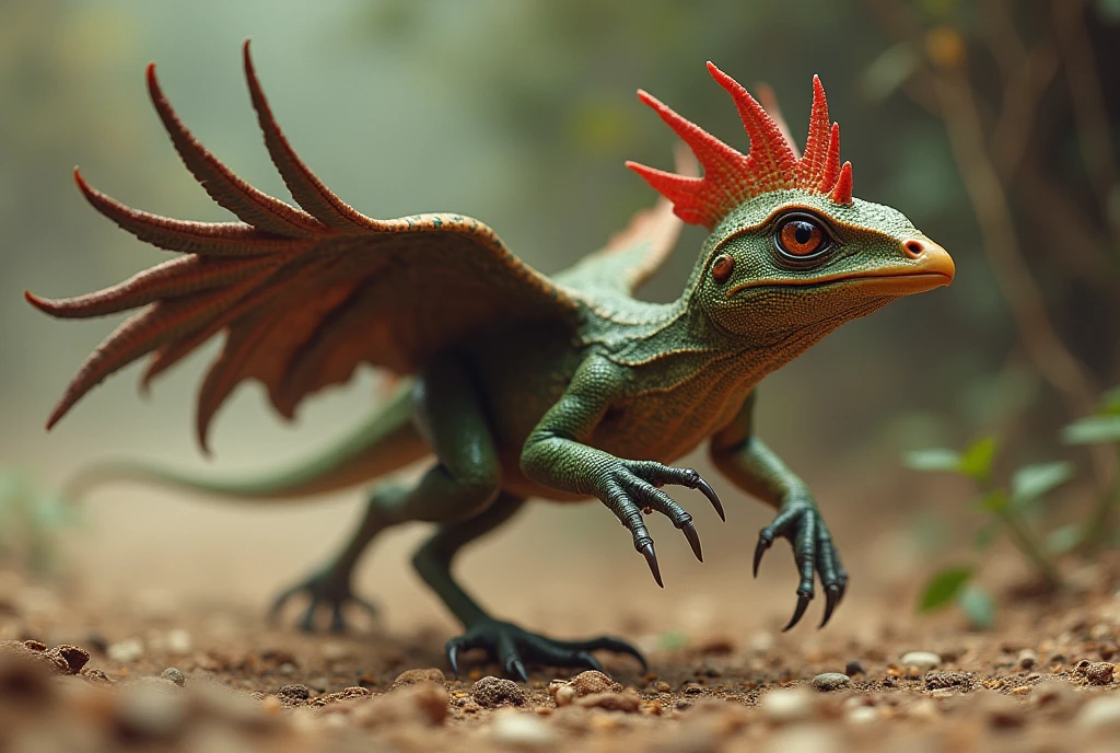 a lizard-like creature with bird features, a nightmarish amalgamation of cobra, chicken, and komodo dragon, running full-tilt to the right of the camera. The wings have small claws on them to let it crawl on all fours. The lizard-like muzzle has a chicken-like beak on the end of it. Its eyes are predatorial and menacing