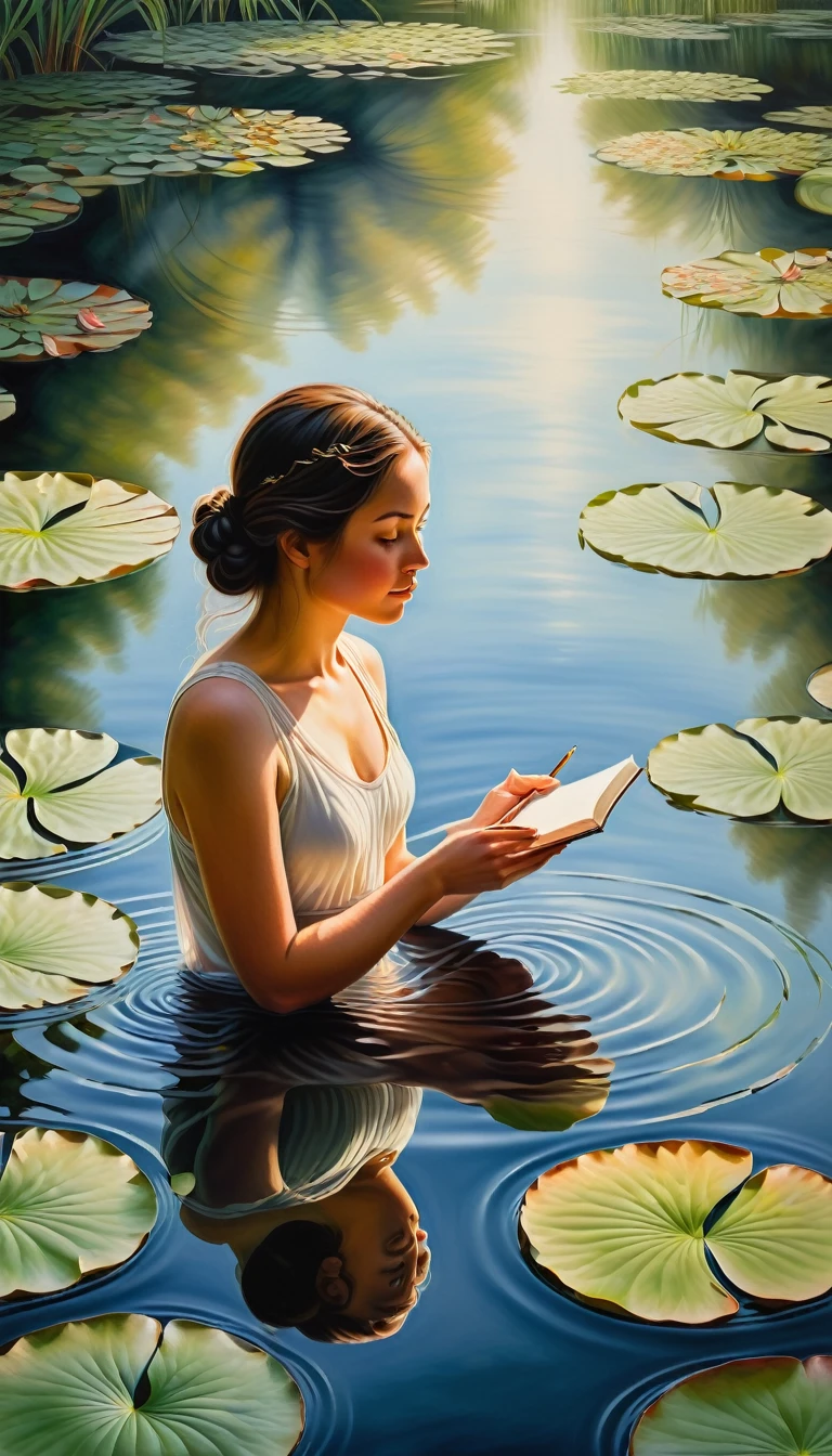 A woman, her reflection pensively studying her features in a tranquil, still lake, flanked by lily pads and ripples caused by the gentle breeze. Capture the realistic and detailed intricacies of their likenesses in harmonious balance.