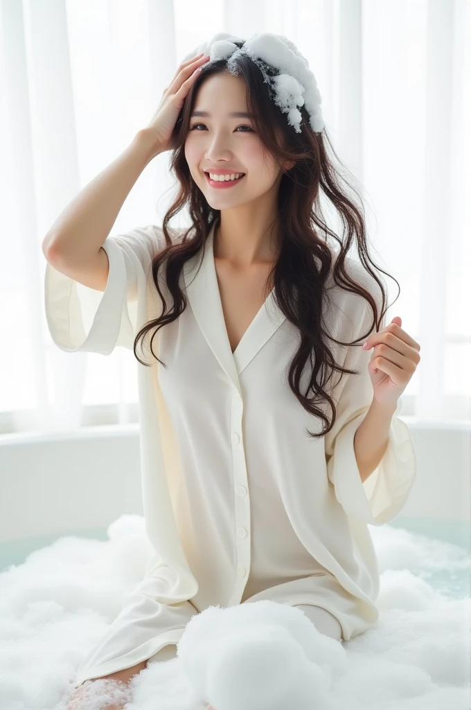 Create an Asian beauty,Wearing white dress pajamas,Proud figure,Scratching hair with hands,Bending over and washing hair,There is a lot of foam on the head,The expression is happy,The characters are realistic and realistic,Pure white background,9:16 frames,Ultra-high-definition picture quality