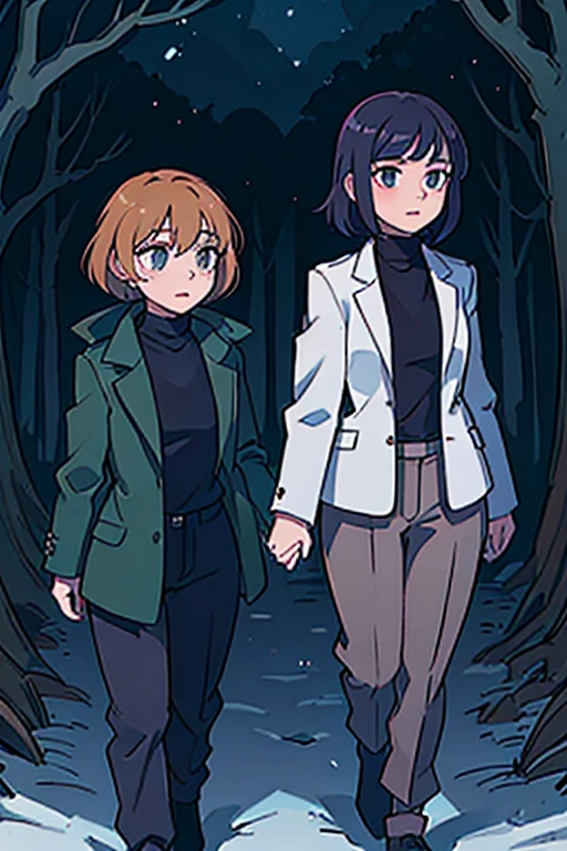 Two girls, one with short hair wearing a coat and pants and one with long hair wearing a turtleneck coat and pants., the two of them walking through the forest at dark and scary night going in a specific direction