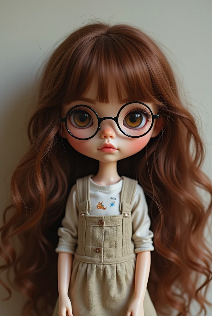 blythe doll wavy hair, long, Castanhos escuros, eyes browns, ROUND BLACK GLASSES, Caucasian skin,