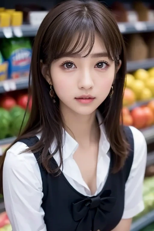 One Girl, (beautiful girl, Delicate girl:1.3), (14 years old:1.3),
break, (school Uniform,bow:1.3),
break, (Sitting in the supermarket:1.2),
break, Very beautiful eyes, (Symmetrical eyes,droppy big eyes:1.3),
break, medium breasts,cleavage,boobs, Brown eyes, Parted bangs, Brown Hair, (Upper teeth, The best smile:0.2),
break, (Eye and facial details:1.0),
break, (masterpiece, Highest quality, Very detailed, Detailed face, 8k)
