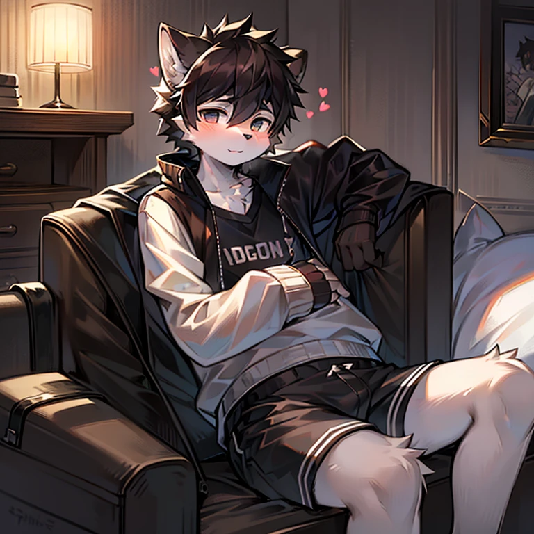 Single, furry boy, black white furry, brownish black hair, has a patient, loving heart, with cute behavior, , he always relaxes at home and always wears a jacket with shorts