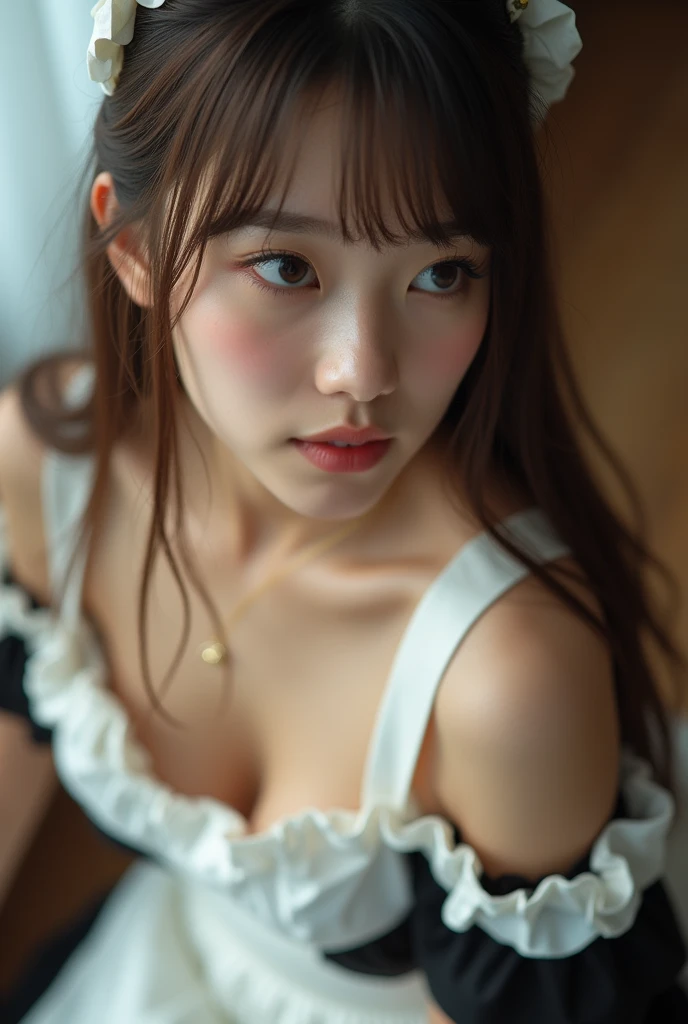 ((Highest quality, 8k, RAW Photos, masterpiece :1.3)), (Realistic、Realistic:1.37)、Very detailed、Ultra-high resolution, (Professional Lighting), ((From above:1.2)),((Full body photo)),alone, 1 female, alone, (18-year-old), Japanese, Beautiful and elaborate face, Shining Eyes, Brown eyes,Small breasts、 Small breasts:1.3,(Nogizaka-style beautiful girl) , Fine and beautiful skin, Skin Texture, Bright kitchen,
(Healthy smile), (Brown Hair),(Leaning forward:1.2),(Maid clothes with wide open chest:1.5,Off the shoulder),girl,alone、Look to the side