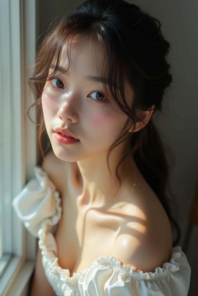 ((Highest quality, 8k, RAW Photos, masterpiece :1.3)), (Realistic、Realistic:1.37)、Very detailed、Ultra-high resolution, (Professional Lighting), ((From above:1.2)),((Full body photo)),alone, 1 female, alone, (18-year-old), Japanese, Beautiful and elaborate face, Shining Eyes, Brown eyes,Small breasts、 Small breasts:1.3,(Nogizaka-style beautiful girl) , Fine and beautiful skin, Skin Texture, Bright kitchen,
(Healthy smile), (Brown Hair),(Leaning forward:1.2),(Maid clothes with wide open chest:1.5,Off the shoulder),girl,alone、Look to the side