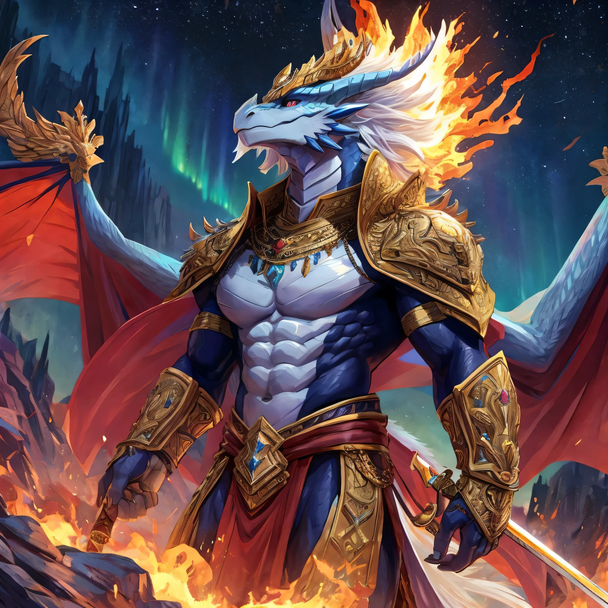A majestic and commanding anthro ice dragon standing on a frosty, elevated platform of the Ice Dragon Kingdom. His scales are an intriguing contrast of deep black, shimmering with an icy sheen under the moonlit sky, while purple metallic plates line his muscular body, highlighting his regal stature. The dragon is a stunning 7.3 feet tall, with a proud posture that exudes power and nobility. His long, flowing white hair cascades down his back, further accentuating his grandeur. He is clad in resplendent gold plate armor, adorned with intricate frost patterns that signify his royal lineage and status as the rightful prince. A fiery red cape, fastened at his neck by a gold brooch, billows dramatically behind him, revealing a bare left arm, which is scarred from battles fought and won. The prince's right eye is obscured by a leather eye patch, hinting at a storied past filled with valor and sacrifice. His left side is graced with a gold-hilted black sword of the champion, symbolizing his prowess and bravery. Above his crowned head, a golden laurel wreath of victory is perched atop his forehead, secured by leather straps that match his eye patch. His piercing left eye, uncovered and gleaming with determination, reflects the icy landscape of the kingdom he is sworn to protect. His right hand rests firmly on the pommel of his sword, while his left is poised in a gesture of both peace and readiness. The background is a breathtaking panorama of the kingdom's gleaming ice palaces and formidable dragon-shaped fortifications, standing proudly against the backdrop of an aurora-lit horizon. The scene is suffused with an aura of cold majesty, as the prince's very presence seems to command the respect and admiration of all who gaze upon him.