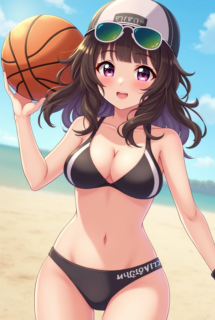 masterpiece, Highest quality, Pixiv, Cool girl, The best sports girl, basketball, Popular characters, Baseball cap, Stylish sunglasses, Cute bra and , Dark brown hair, Curly Hair, Blunt bangs, Straight bangs, Colored contact lenses eyes, Gal, Improve、Heavy Large 、