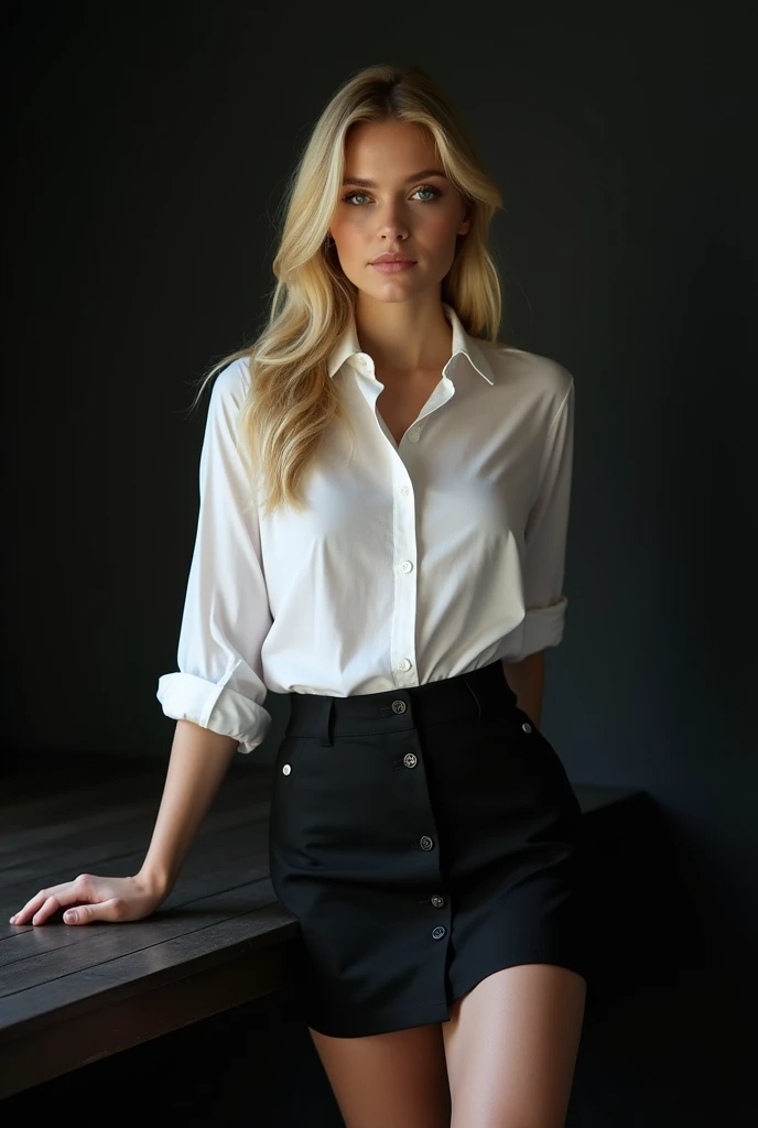 A young lady with blonde, white shirt,black short skirt and big breasts ,there a dark table on her left hand side, taking a realistic,far view photo with a black wall as background