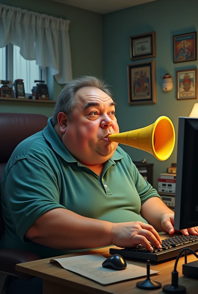 A fat guy with a vuvuzela in his mouth playing on the computer