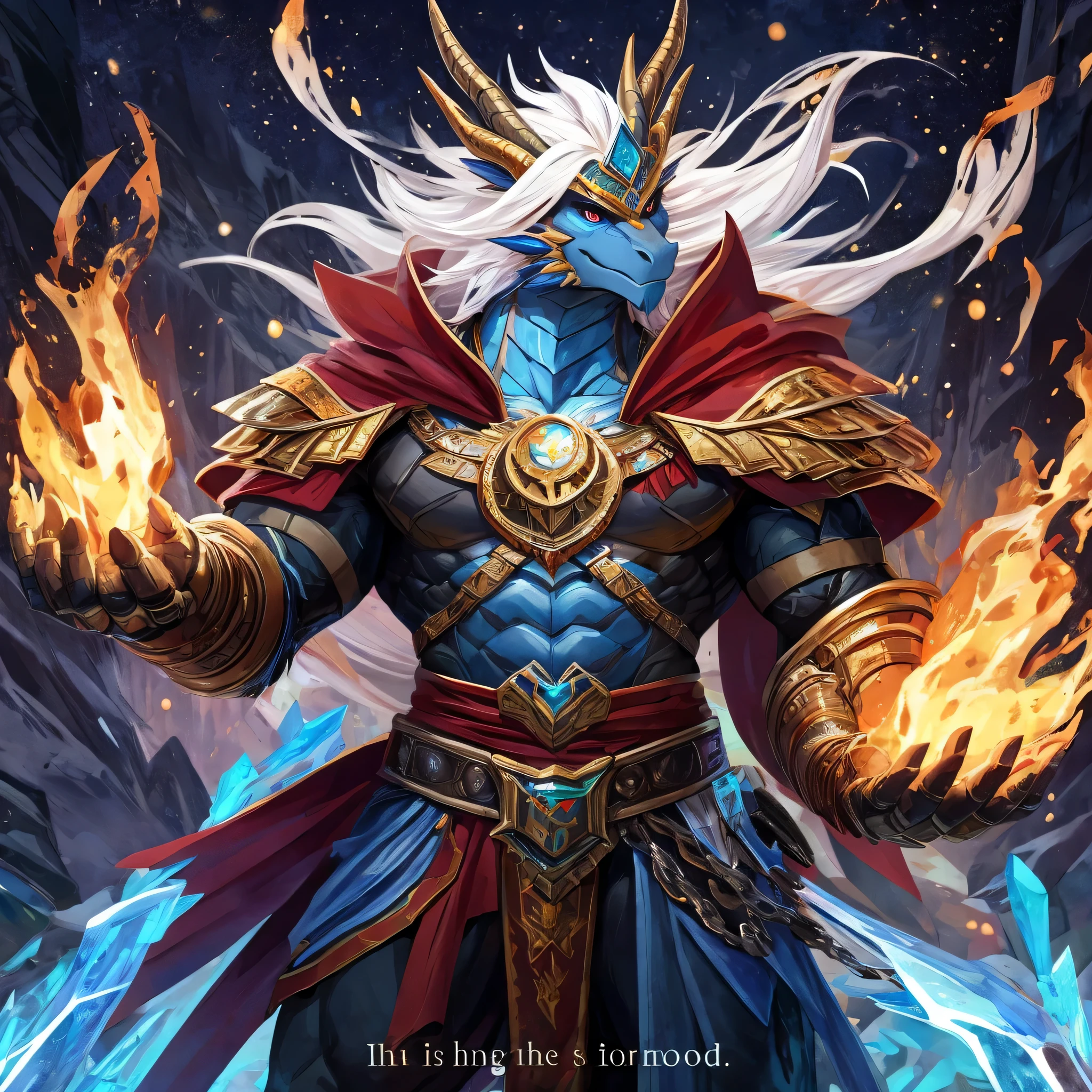A majestic and powerful anthro ice dragon standing tall at 7.3 feet, with a muscular physique that exudes authority and strength. His scales are a deep, gleaming black, contrasted by purple plates that accentuate his form, reflecting the frosty environment of his dominion. The dragon's long, flowing white hair frames his stoic face, giving him an air of nobility that is undeniable. His right eye is concealed by a leather eye patch, hinting at a tale of valor and loss. Adorning his body is an impeccable suit of gold plate armor, intricately designed to fit his non-human form, signifying his status as the rightful prince of the Ice Dragon Kingdom. A vibrant red cape, fastened at the neck with a gold clasp, billows out behind him, revealing a bare left arm that is scarred and powerful from years of battle. In his right hand, he firmly grasps the hilt of a black sword of the champion, a symbol of his undisputed skill and courage. Around his neck, a golden laurel wreath of the winner rests, a testament to his numerous triumphs. The dragon's posture is proud and commanding, a true representation of his role as the Commander of the Imperial Guard. His uncovered left arm is adorned with battle-worn armbands and wields a fiery torch, casting a warm glow against the backdrop of an icy landscape, symbolizing the fiery spirit that resides within this icy warrior. The caption reads: "The Unseen Guardian - His gaze sharp, his spirit unbroken, the prince stands as the beacon of hope in the frozen realm, his reign marked by valor and wisdom."