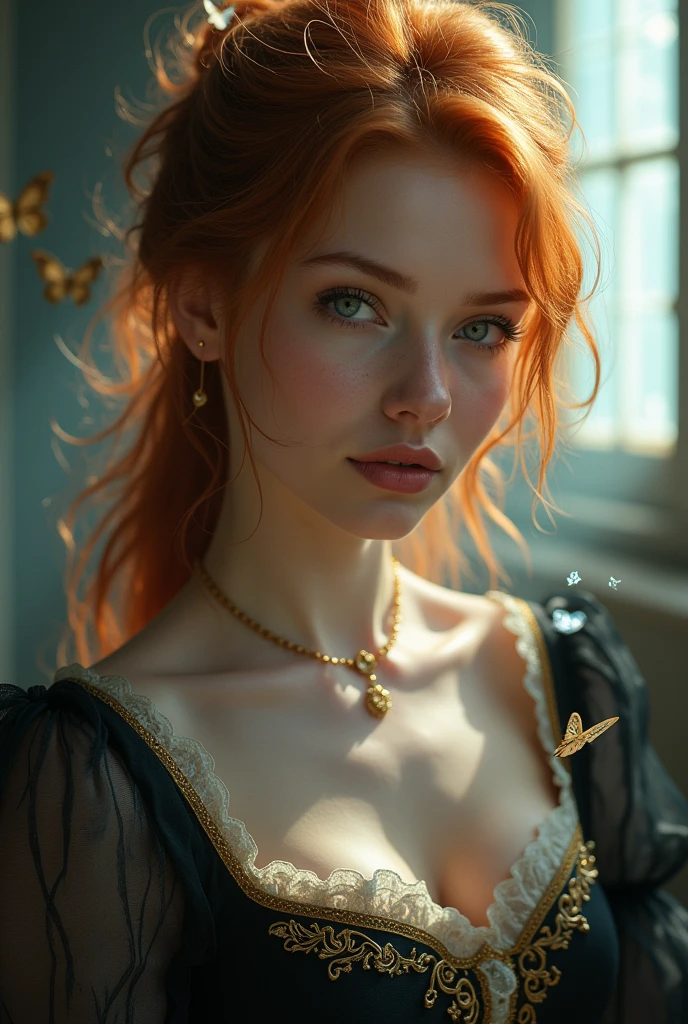 (solo, full body photo:1.3), (action packed:1.3), (haze, fog, mist:1.3), chiaroscuro, best quality, photorealistic, 1woman, (cute), (24yo:1.2), redhead, long ginger hair highly detailed, 1700'S, digital photography, art by artgerm and ruan jia and greg rutkowski surreal painting gold butterfly filigree, broken glass, (masterpiece, sidelighting, finely detailed Fashionable eyes: 1.2) (perfect oval large eyes that gazes at the viewer), beautiful detailed face, blue gorgeous perfect eyes, (blonde hair ponytail), (attractive young woman:1.3), (thick amazing hair), (seductive:1.1), (blushing:1.1)