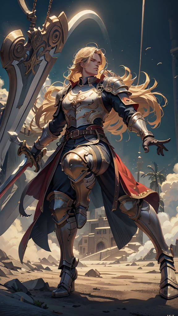 low angle, from below, paladin templar lady in white tabard, legwear, glowing yellow eyes, collar, golden chainmail, wide hips, barefoot, angel wings, pauldrons, halo, bob cut, blonde, eye focus, red cape, temple indoors, decorations, stained glass windows, night, particles, chromatic aberration, detailed, cinematic, dark scene, fantasy