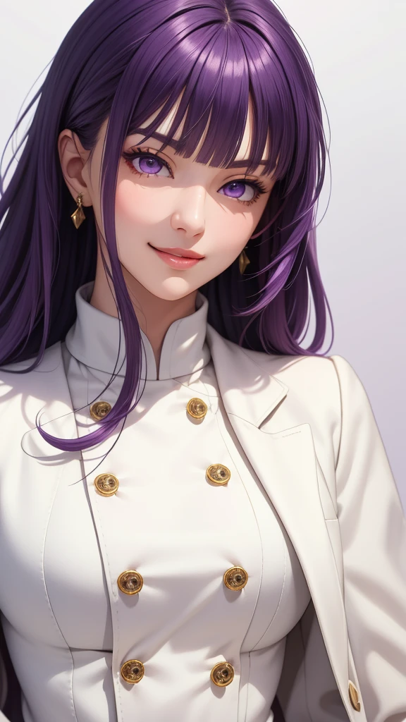 (masterpiece, best quality), intricate details, thin, ((slim)), beautiful girl, purple hair, blunt bangs, light purple eyes, sharp jawline, white coat, long hair, lips, upper body, close up, smirk