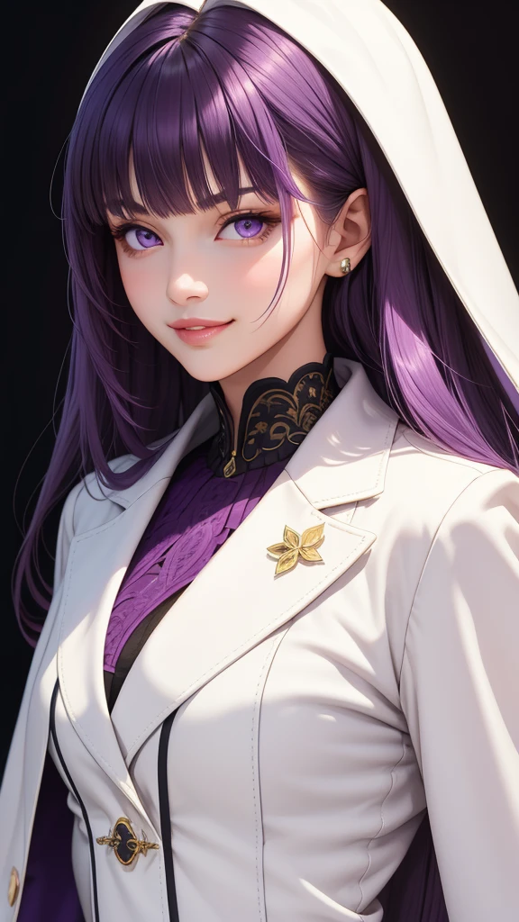 (masterpiece, best quality), intricate details, thin, ((slim)), beautiful girl, purple hair, blunt bangs, light purple eyes, sharp jawline, white coat, long hair, lips, upper body, close up, smirk