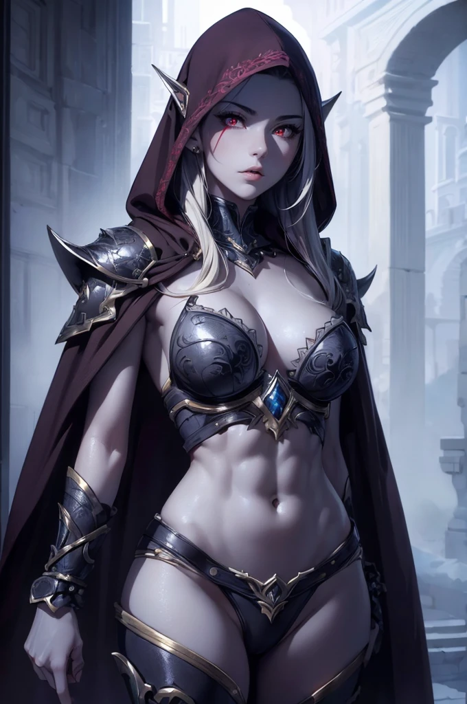 ((1girl, solo)), elf, (pointy ears:1.3), (large breasts:1.5), (abs:1.3), colored skin, pale skin, beautiful body, (perfect anatomy, perfect body, perfect hands, perfect legs), nice hands, natural proportions, sexy body, standing BREAK 

((extremely detailed face)), (red eyes:1.5), (black eye shadow:1.3), (beautiful detailed eyes:1.6), (realistic pupils, realistic iris:1), expressive eyes, ((looking at viewer)), (clear eyes:1.3), (hyperrealistic:1.2), (detailed skin texture:1.2), smooth skin, blonde hair, long hair, (detailed lips:1.2), (attractive lips:1.1), (glossy lips:1.1), perfect face, perfect eyes BREAK

bikini armor, hood, hood up, pauldrons, cape, shoulder armor, arm guard, stomach, navel, thighs, thighhighs BREAK

(masterpiece:1.5), anime-style, top quality, best quality, (beautiful and aesthetic:1.2), (ultra detail:1.5), Ultra-detailed depiction, Ultra-precise depiction, extremely detailed 8k illustration, high resolution, (highly detailed shading:1.2), (realistic lighting:1.4), perfect lighting, vibrant colors, dynamic tones, striking hues, 8k, absurd resolution, perfect shadows, hdr, UHD, ambient lighting, realistic, ultra-realistic, photo realistic, highly detailed, rich detail, luminous colors, fine texture, intricate design, professional illustration, (soft light:1.2), (illustration:0.7)