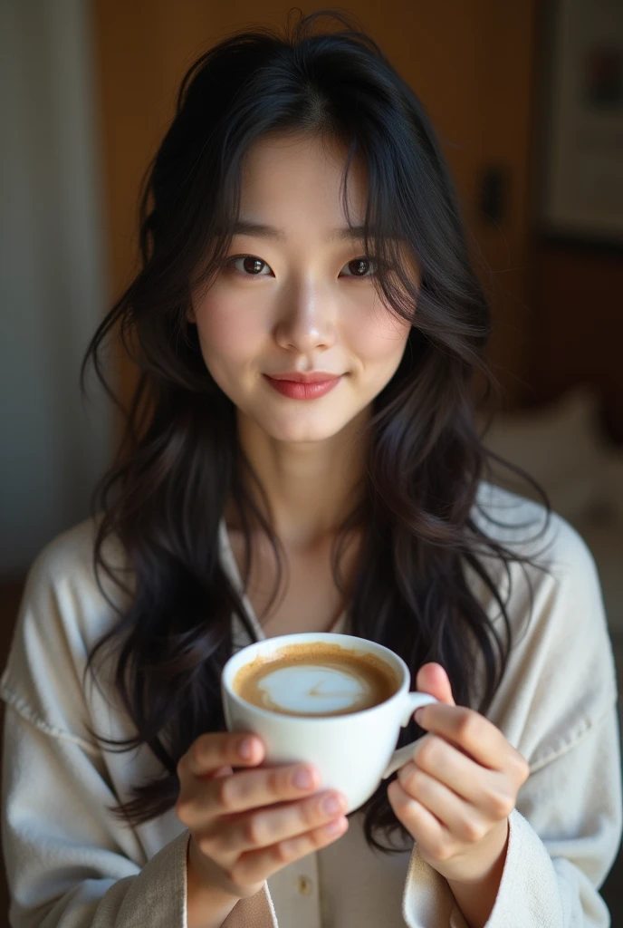 A beautiful Japanese woman in her early 20s with long hair and a sleepy expression in pajamas、is holding a coffee cup and drinking a latte、Selfie