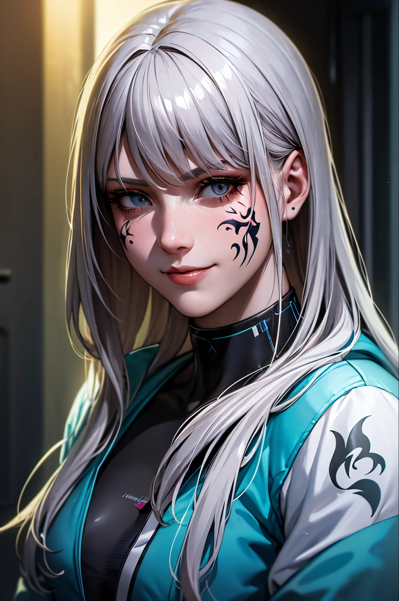 Detailed portrait cyberpunk (sks women) (40 year old sks women), Futuristic neon reflective clothing, sf, Robot parts, Ismail Inceoglu、Dragan Bibin、Hans Thoma、Greg Rutkowski、Alexandros Pilomaris、Necro、René Margit、An illustration, Perfect Face, ((tattoo)), (Long Hair),, Matte skin, pores, Wrinkle, Ultra-detailed, Surreal,, Moody lighting, Hasselblad Award Winners, Soft Diffuse Lighting, Grin,, Machine Face, The finer details, Realistic shadows, Complex, elegant,