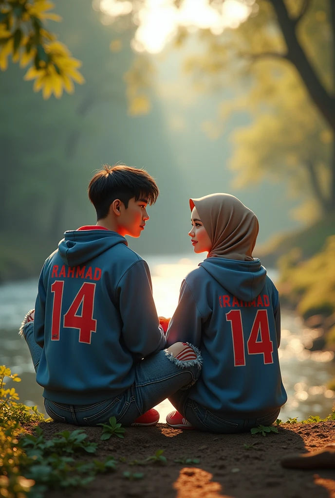 (photorealism:1.2),Indonesian male and female couple aged 25 years,Korean hairstyle men , ripped jeans, nike jordan shoes, wearing a blue hoodie with red gradient, inscribed "Rahmad 14",Indonesian Latin text, clear. Woman wearing hijab slightly fat 60 kg, sitting pose, romantic, look at the camera direction, river background, tropical forest, morning sunlight, good morning. Real details, hyper realistic, UHD, Photography, wide shot