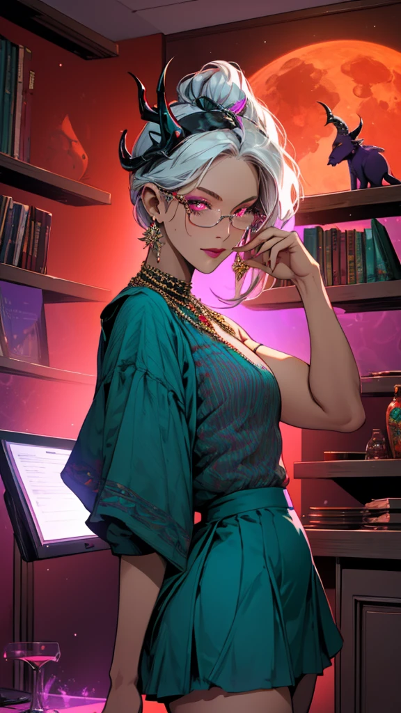 8k, masterpiece, best quality, highly detailed, 1 girl, tiefling, warlock, pixie cut, multicolored hair, very short straight hair red highlight hair on white hair, strippled hair, wearing glasses, round glasses, earrings, navel piercing, red eyeshadow, long eyelashes, blushed cheek, red lips, pearl necklace, rings, collarbone, mole on face, glamorous, teal and purple clothes, miniskirt, smirk, close up view, rings, looking at viewer, demon horns, solo, blood red moon, standing, royal dress, devil books.