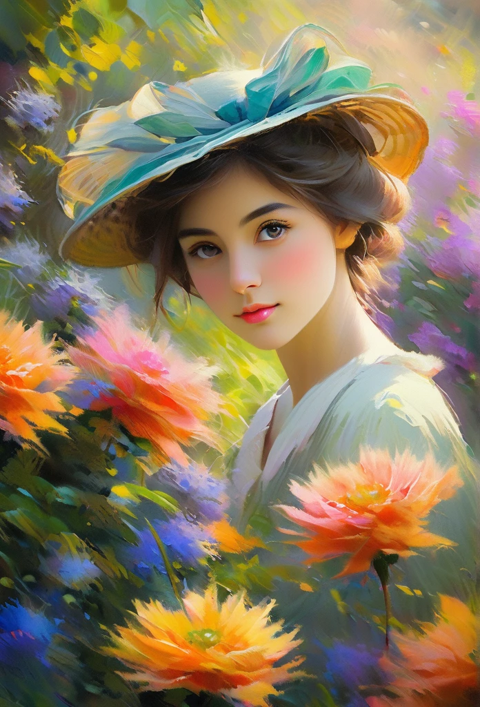 (Girl in a Garden Inspired by Claude Monet,Beautiful attention to detail,Beautiful lip detail,Highly detailed eyes and face, Long eyelashes, Impressionist techniques, Vibrant colors, Breathtaking visual effects, Eternal Silence, oil,Ultra-fine painting, Professional, Vibrant colors, Sharp focus, High resolution, Physically Based Rendering, Masterpiece:1.2, High resolution, 超High resolution, Studio Lighting, romantic, Soft brushwork, Quiet atmosphere)