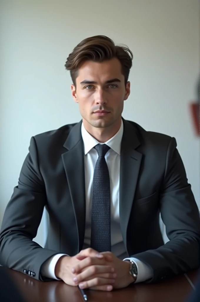 Create an image of a 24-year-old man in a suit giving an interview