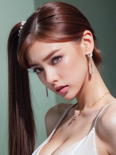 (masterpiece, highest quality:1.2), 8k, 85mm, Raw photo, confused, white and cyan theme, (liquid clothes, liquid dress:1.4), gray hair, gradient dress, delicate girl, Upper body, close your face, shiny skin, , looking at the viewer, HDR, sharp focus, particle, dusk sky, shiny skin, small eyes and face, colorful background, simple background、earrings、necklace、clavicle、twin tails、See-through silk dress、Gal Makeup、,Choker Necklace、Big earrings、Platinum Jewelry、Twin tails、cheek、((Cleavage Emphasis))、(Nipple Covers)、high Ponytail、Gold Hair Accessories、(Red hair)、((Camera angles from the waist up))、Fisheye Lens