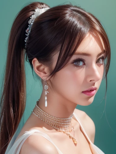 (masterpiece, highest quality:1.2), 8k, 85mm, Raw photo, confused, white and cyan theme, (liquid clothes, liquid dress:1.4), gray hair, gradient dress, delicate girl, Upper body, close your face, shiny skin, teen, looking at the viewer, HDR, sharp focus, particle, dusk sky, shiny skin, small eyes and face, colorful background, simple background、earrings、necklace、clavicle、twin tails、See-through silk dress、Gal Makeup、,Choker Necklace、Big earrings、Platinum Jewelry、Twin tails、cheek、((Cleavage Emphasis))、(Nipple Covers)、high Ponytail、Gold Hair Accessories、(Red hair)、((Camera angles from the waist up))、Fisheye Lens