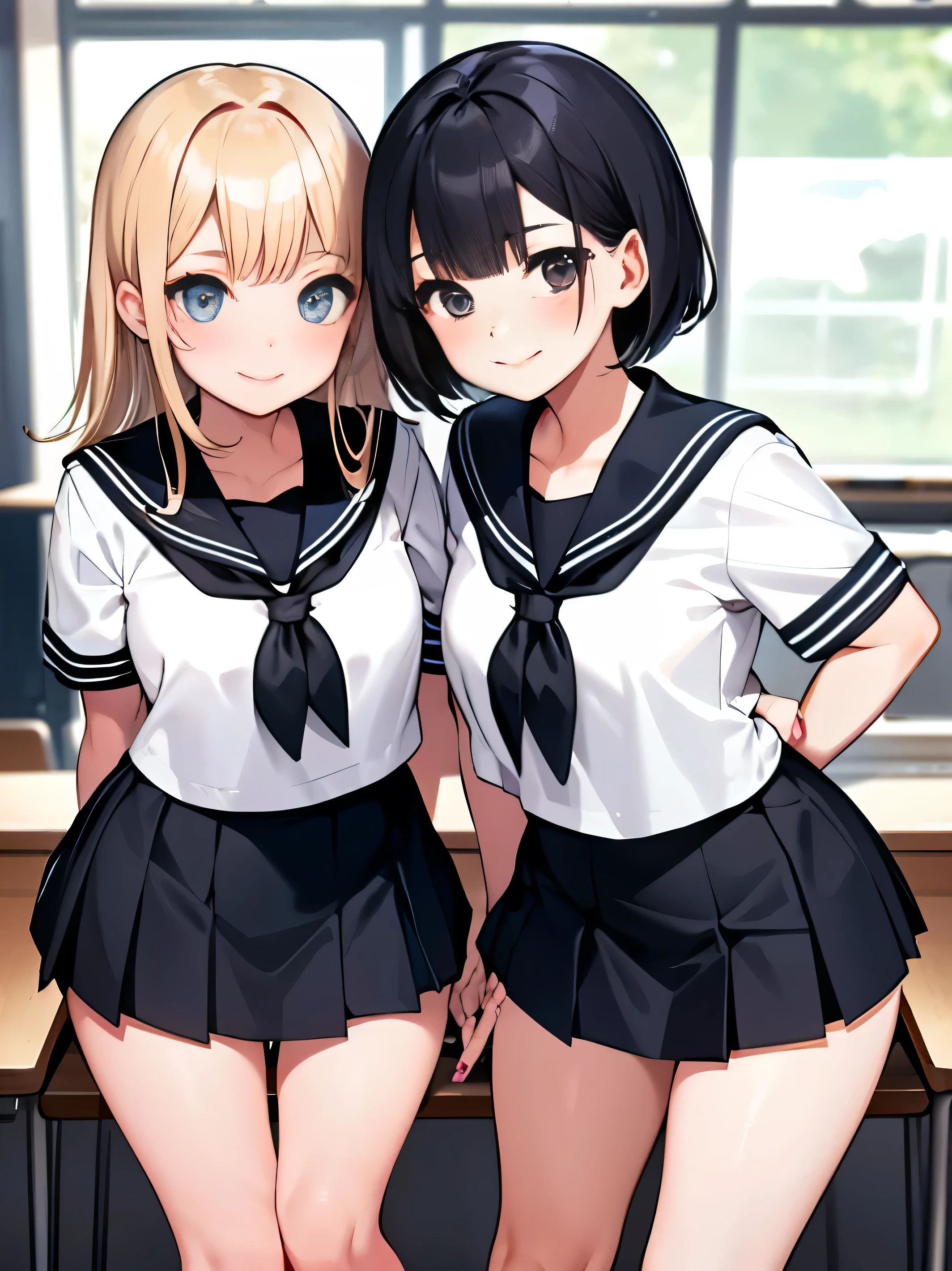 (mini skirt),(Browsing Caution),(2 girls),(Sailor suit), Black Hair, blonde,blush,Long Hair, Manicure,Pink Nails,short hair, smile,classroom,Anatomically correct hand