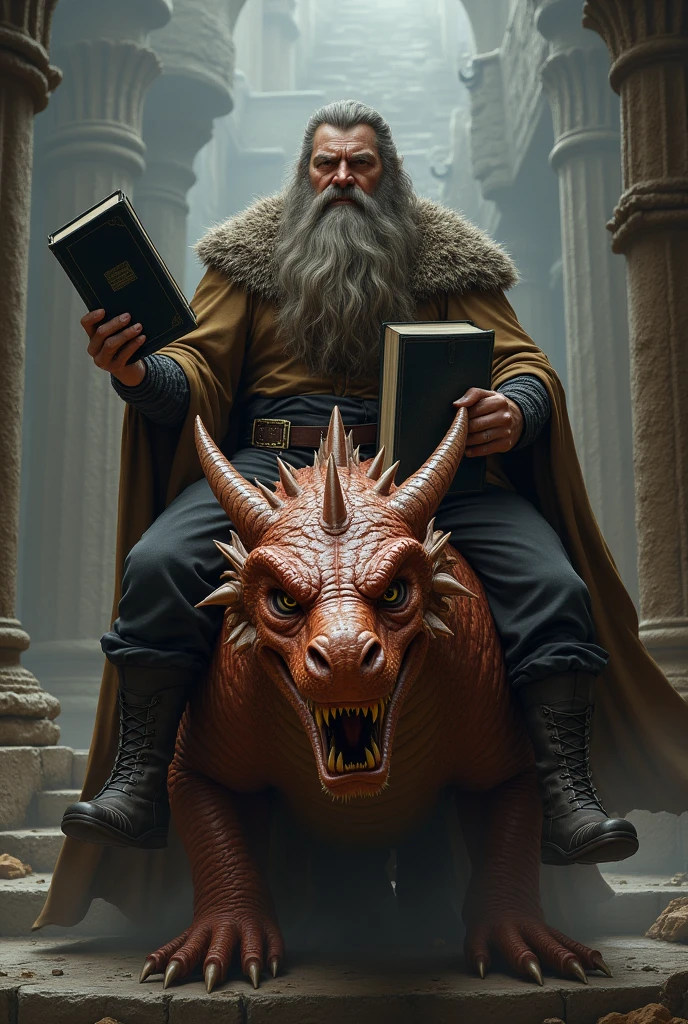 a bearded man, stocky and hairy, with 1 black book in his hand and 2 other black books attached to his body, mounted on a dragon with an angry face and an elongated reddish-copper neck, with a large staircase behind. 