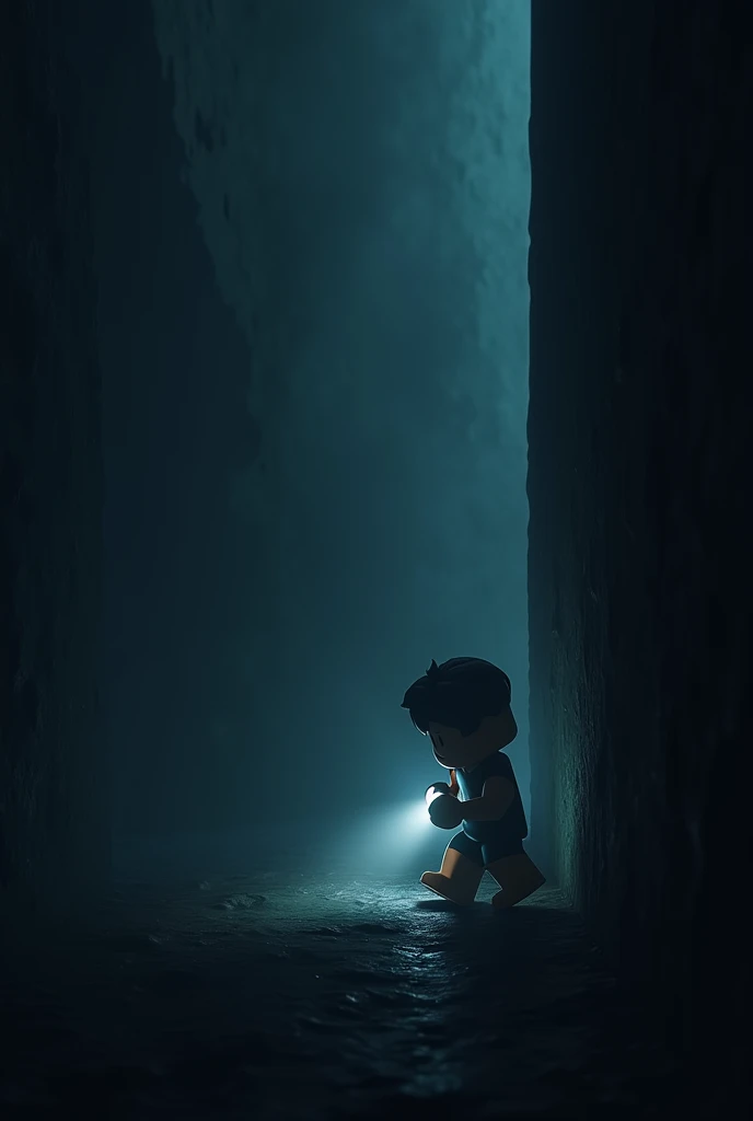 A noob character from Roblox is walking forward with a flashlight, he looks a little scared in the dark surroundings with only a soft light from his flashlight, he is placed in the right corner of the image.