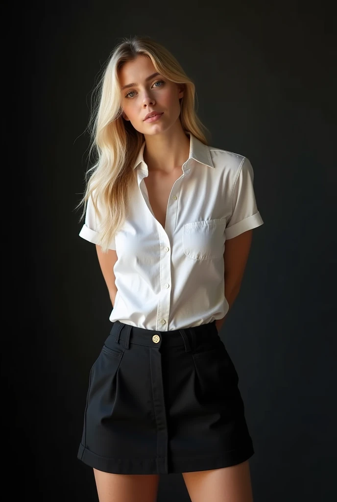 A young lady with blonde, white shirt,black short skirt and big breasts , taking a realistic,far view photo with a black wall as background