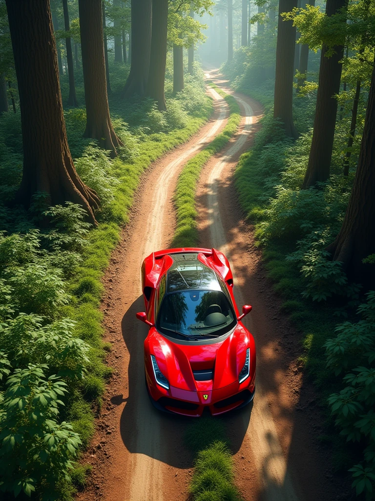 a red ferrari driving on a dirt road, through an enchanted forest. Photo taken from the sky, by a drone. Top angle, showing the path taken by the ferrari. ultra realistic 8k image. extremely detailed.