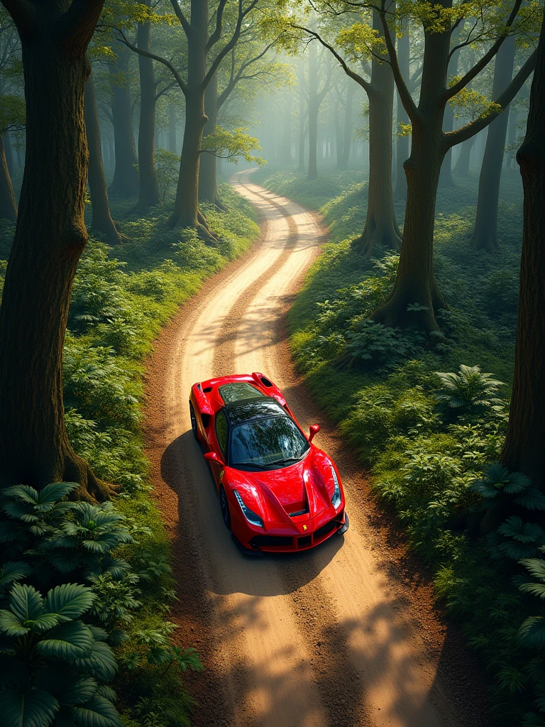 a red ferrari driving on a dirt road, through an enchanted forest. Photo taken from the sky, by a drone. Top angle, showing the path taken by the ferrari. ultra realistic 8k image. extremely detailed.