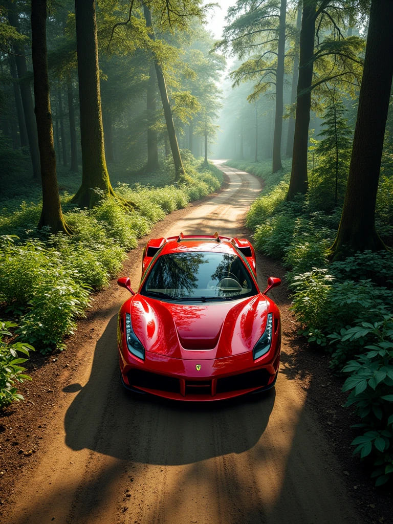 a red ferrari driving on a dirt road, through an enchanted forest. Photo taken from the sky, by a drone. Top angle, showing the path taken by the ferrari. ultra realistic 8k image. extremely detailed.