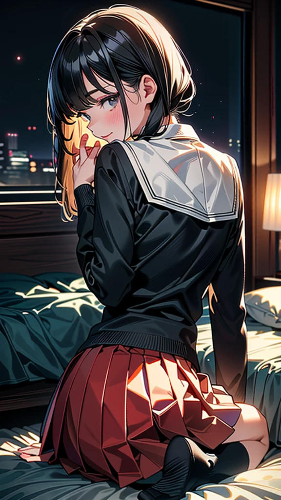 (8k, RAW Photos, 最high quality, masterpiece:1.2), high qualityのRAWカラー写真, Professional photo shoot, Cinematic Light, night、Late night、alone, (((young woman, Gal))), (Sharp features), (Small face), (Skin with attention to detail:1.2), clavicle, Cute Face, Beautiful appearance, Long eyelashes,turn around少女, smile, (Black Hair, Long straight line), high school student, Red tie, High School Uniform:1.2, Black jacket, Open jacket, Jacket cuff buttons, White shirt, ((Mini Pleated Skirt)), bedroom, Embarrassing, sad, Artistic painting,Attractive thighs, White socks、(Very nice touch:1.2), (Watery eye), sad雰囲気, Oil painting style, Dark colors, (Get on all fours on the bed with your butt facing, )(((Pay attention to the butt))), Smooth texture, Gazing Eyes, Beautiful Skin, Glowing Skin, ((Perfect Fingers, Five Fingers, Anatomically correct)), Background Blur, high quality, Surreal, ((Very detailed, photo shoot)),,View from below、blush、、Embarrassing、Full Body Shot、((backstyle))、Accentuate your butt、turn around、look back、Embarrassing、blush、Put your hands on the ground、Bend your knees、Put your knees on the ground