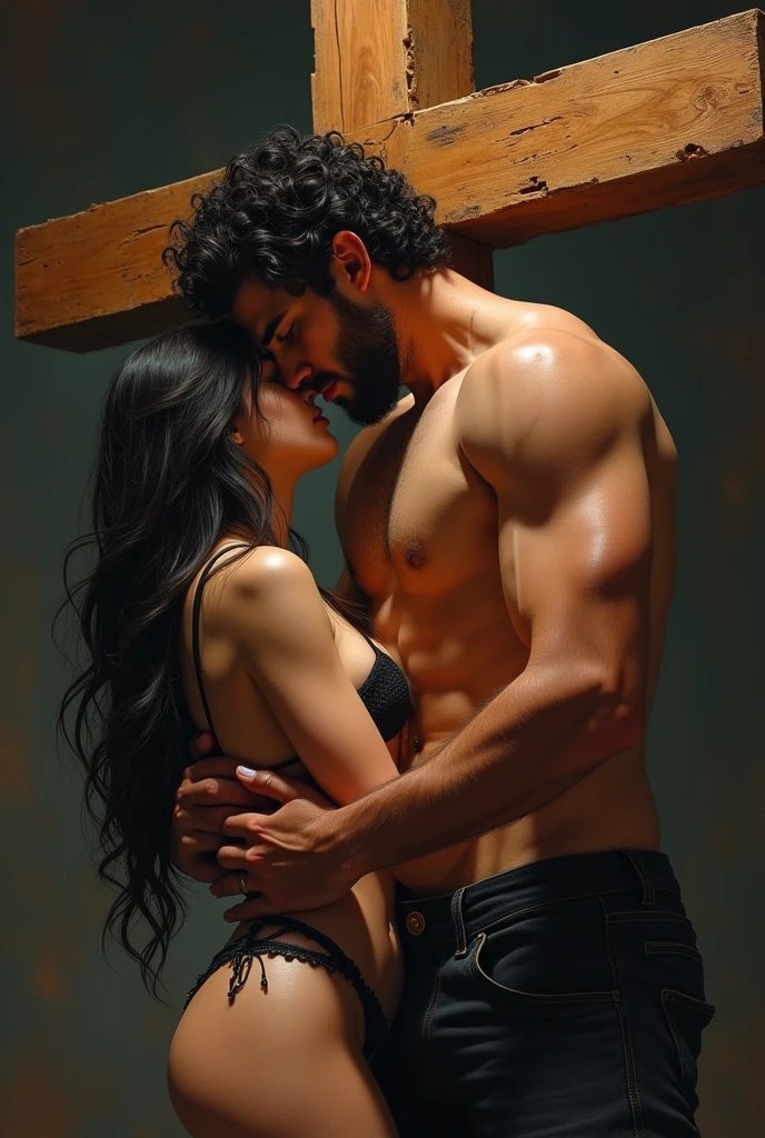 A  girl with long dark black hair, small frame, luscious ass, small undeveloped breasts, realistic, visible nipples, pinned to large cross by her male brother, 20, masculine and muscular, short curly black hair, trimmed down clean beard, naked, handsome, jawline, visible veins, buff and ripped, holding females hands pinning female to large wooden cross as he fucks her pussy, penetrative vaginal sex, large cross in front of sanctuary, passionate kissing, large cock penetrating tight glistening pussy. Sex, passion, romance, saliva connecting lips. Taboo, depraved, immoral, limitless. Upscale, vibrant colors, faces blushing, passionate eye contact, sweat and cum covered bodies. woman leaning on cross, man fucking woman who’s leaning on wooden cross. Wooden cross is beginning to crack. From the brother and sisters intensity.