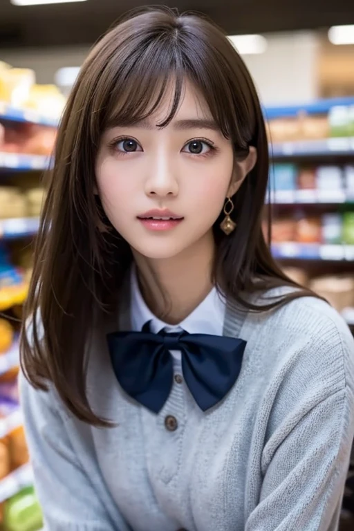 One Girl, (beautiful girl, Delicate girl:1.3), (14 years old:1.3),
break, (school Uniform,bow:1.3),
break, (Sitting in the supermarket:1.2),
break, Very beautiful eyes, (Symmetrical eyes,droppy big eyes:1.3),
break, medium breasts,cleavage,boobs, Brown eyes, Parted bangs, Brown Hair, (Upper teeth, The best smile:0.2),
break, (Eye and facial details:1.0),
break, (masterpiece, Highest quality, Very detailed, Detailed face, 8k)