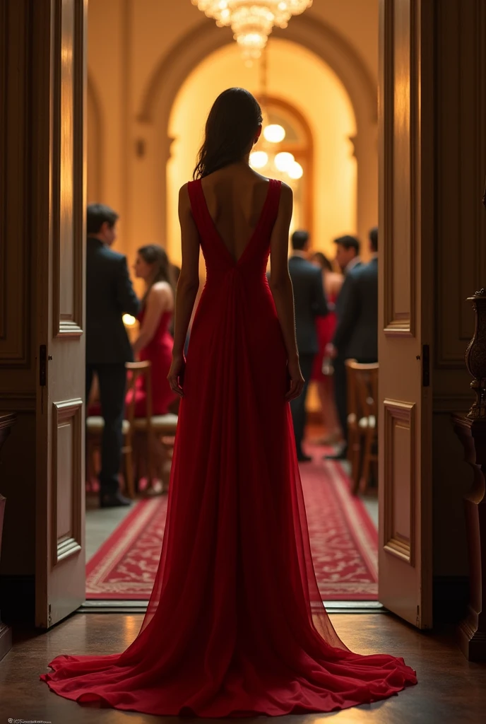 A beautiful girl standing on the main door wearing a beautiful floor length red dress, show her back only, make the vibe of the late evening, show some guests inside the house