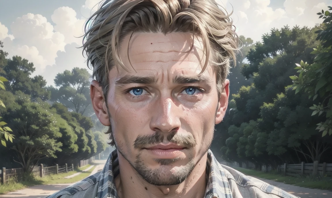 [((highly detailed, detailed eyes, detailed face, clear and realistic facial features, photorealistic, realistic light, cinematic)), (1 man), Mark is a handsome and alluring slender but muscular male farmer in his mid 40's with short blond hair and a neat moustache and blue eyes and weathered skin wearing a flannelette shirt. Mark has a seductive look on his face and a slight blush on his cheeks. There is a charming yet dry southern farm in the background ((calming comforting mood))]