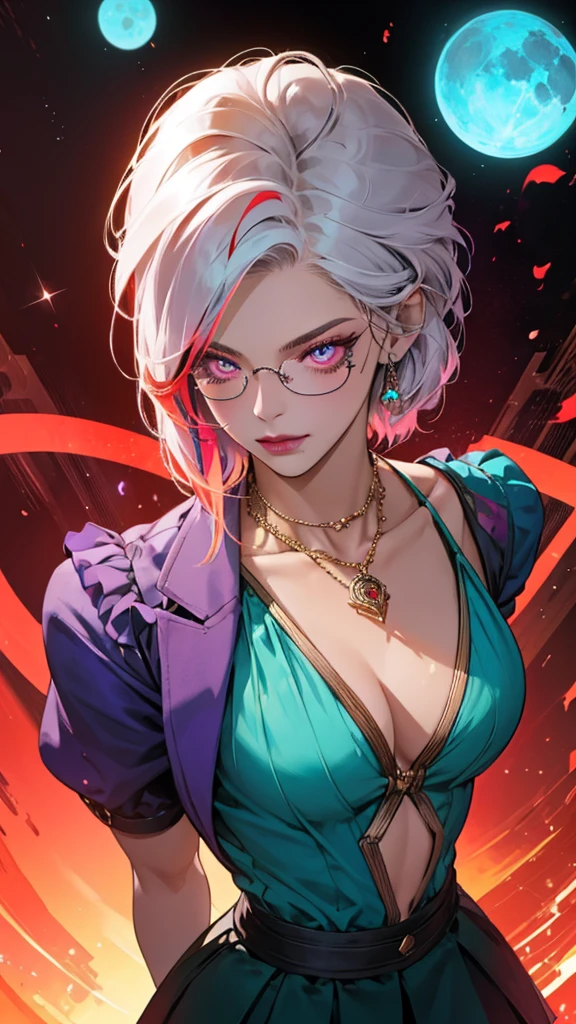 8k, masterpiece, best quality, highly detailed, 1 girl, tiefling, warlock, pixie cut, multicolored hair, very short straight hair red highlight hair on white hair, strippled hair, wearing glasses, round glasses, earrings, navel piercing, red eyeshadow, long eyelashes, blushed cheek, red lips, pearl necklace, rings, collarbone, mole on face, glamorous, teal and purple clothes, miniskirt, smirk, close up view, rings, looking at viewer, demon horns, solo, blood red moon, standing, royal dress, devil books.