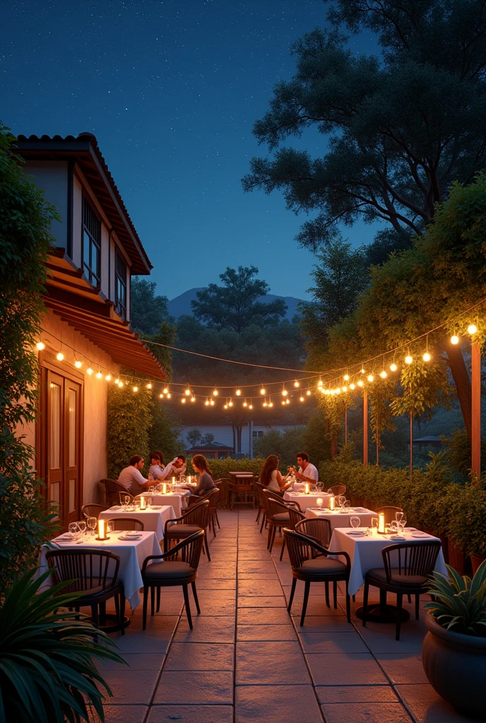 A picture of an outside restaurant in the night with a romantic feel 