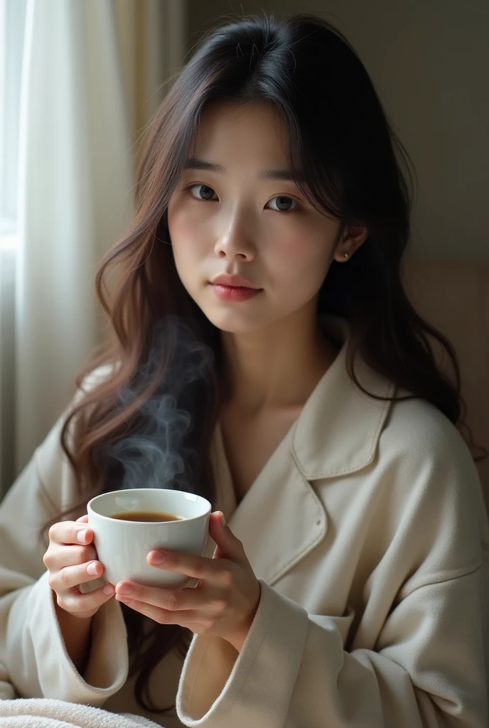 A beautiful Japanese woman in her early 20s with long hair and a sleepy expression in pajamas、is holding a coffee cup and drinking a latte、Holding the camera for a selfie、
