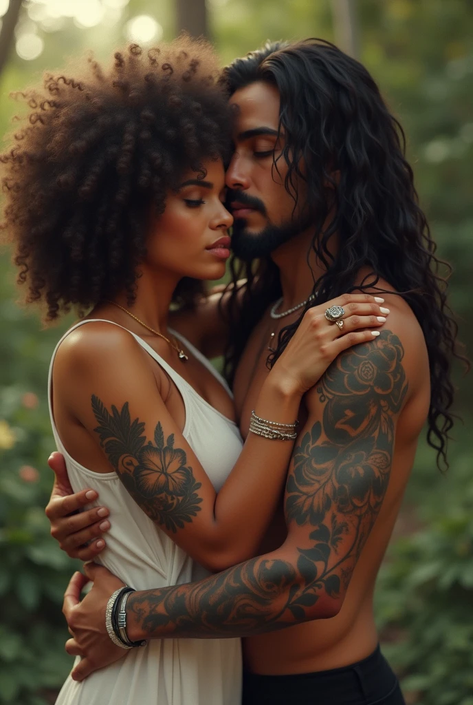 A brunette girl with curly hair and big breasts sex with a boy in jungle