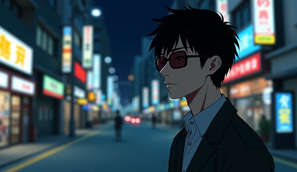 (Man wearing sunglasses on the street at night), shake, Japanese cartoons, shake Japanese cartoons, Retro Japanese cartoons, 80s anime, 90s Anime, zero, Low Fidelity